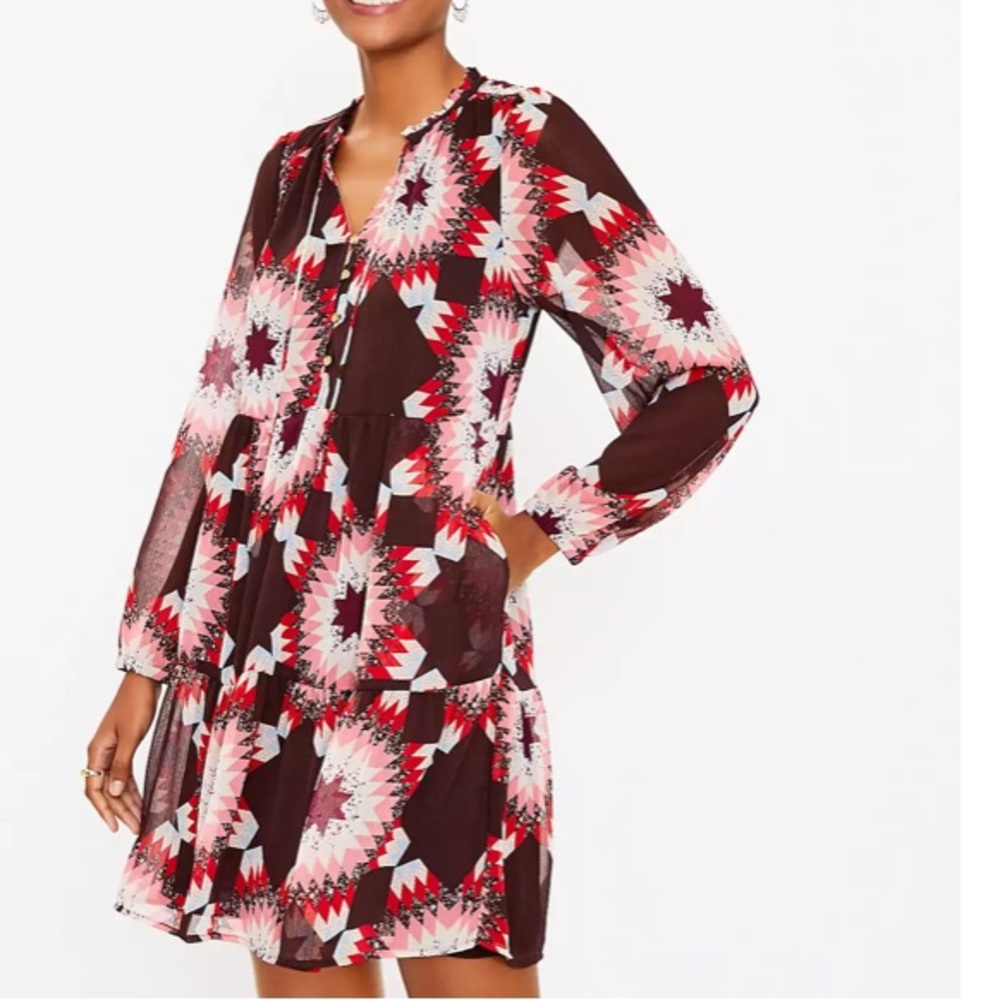 Loft Patchwork Tie Neck Pocket Dress - image 1